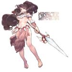  1girl bare_shoulders barefoot breasts brown_hair closed_mouth dated ejami facial_mark feet jewelry league_of_legends long_hair looking_at_viewer navel nidalee polearm ponytail simple_background solo spear tribal weapon white_background 