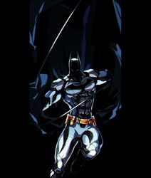  1boy batman batman_(series) black_background black_cape bodysuit cape dc_comics grey_bodysuit highres kokusoji male_focus mask muscular muscular_male shaded_face shadow solo superhero yellow_belt 