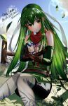  1girl absurdres bangs bare_shoulders belt blue_sky blush catria_(fire_emblem) chil0107 clouds doll elbow_gloves est_(fire_emblem) fire_emblem fire_emblem:_mystery_of_the_emblem fire_emblem:_shadow_dragon_and_the_blade_of_light gloves green_eyes green_hair hair_between_eyes headband highres holding long_hair palla_(fire_emblem) red_scarf scarf sitting sky sleeveless solo very_long_hair white_headband 