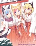  3girls :d animal_ear_fluff animal_ears arrow_(projectile) bell blue_hair blurry blurry_background blush breasts character_request closed_mouth commentary_request copyright_request depth_of_field grey_hair hair_ornament hakama hamaya hand_up hands_up headgear hitsuki_rei holding holding_arrow japanese_clothes jingle_bell k&#039;wa_(vtuber) kimono kitsunekon long_sleeves miko multicolored_hair multiple_girls open_mouth parted_lips pink_hair ponytail red_hakama ribbon-trimmed_sleeves ribbon_trim small_breasts smile streaked_hair torii torii_hair_ornament violet_eyes virtual_youtuber white_kimono wide_sleeves 