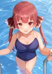  1girl blush cleavage eyebrows_visible_through_hair haru_yu heterochromia hololive houshou_marine looking_at_viewer school_swimsuit smile swimsuit twintails water wet 
