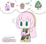  1girl ^^^ absurdres aqua_eyes armband arrow_(symbol) bag black_legwear black_shirt black_skirt boots brand_name_imitation candy character_name chibi commentary eating emphasis_lines food gold_trim hatsune_negame headphones highres holding holding_bag imagining knee_boots long_hair megurine_luka pink_hair plant pot potted_plant sapling shirt short_sleeves side_slit simple_background sitting skirt solid_oval_eyes solo stick_figure thigh-highs thought_bubble tree very_long_hair vocaloid watering_can white_background 