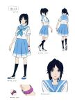  1girl :o black_hair black_legwear blue_eyes blue_neckwear blue_sailor_collar blue_skirt closed_mouth clothes_lift hibike!_euphonium highres hoshi_hara75 kasaki_nozomi kitauji_high_school_uniform liz_to_aoi_tori long_hair looking_at_viewer multiple_views neckerchief open_mouth pleated_skirt ponytail sailor_collar school_uniform serafuku shirt shoes short_sleeves simple_background skirt skirt_lift smile socks solo standing uwabaki watch white_background white_footwear white_shirt 