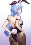  1girl absurdres ahoge animal_ears arm_strap ass back backless_leotard bare_shoulders black_leotard blue_hair breasts brown_legwear bunny_tail cowboy_shot embarrassed fake_animal_ears fake_tail from_behind ganyu_(genshin_impact) garter_straps genshin_impact goat_horns gradient gradient_background hand_on_hip hand_on_own_ass highleg highleg_leotard highres horns leotard long_hair looking_at_viewer looking_back medium_breasts pantyhose playboy_bunny rabbit_ears solo standing tail tutou_jiang violet_eyes 