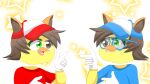  2boys ;) ;p animal_ears blue_headwear blue_shirt brown_eyes brown_hair cat_ears cat_tail colored_skin glasses gloves green_eyes highres jack_matsumoto jimmy09 multiple_boys one_eye_closed original red_headwear red_shirt self_upload shirt smile tail tongue tongue_out white_gloves yellow_skin 