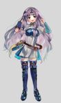  1girl absurdres armor bangs belt blush boots breastplate chil0107 circlet dress elbow_gloves fire_emblem fire_emblem:_the_blazing_blade florina_(fire_emblem) full_body gloves green_eyes hand_in_hair highres long_hair looking_at_viewer open_mouth parted_bangs pauldrons purple_hair shoulder_armor smile solo thigh-highs thigh_boots upper_teeth very_long_hair white_dress zettai_ryouiki 