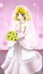  1girl adapted_costume bangs blonde_hair blush bouquet breasts bridal_veil bride commentary_request dress elbow_gloves eyebrows_visible_through_hair flower full_body gloves green_eyes highres holding holding_bouquet long_dress looking_at_viewer mizuhashi_parsee off-shoulder_dress off_shoulder official_style open_mouth parody pink_dress pink_gloves pointy_ears scarf short_hair small_breasts solo style_parody touhou translation_request veil wedding_dress white_scarf yellow_flower yuki-ichigo zun_(style) 