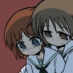  behind_another brown_hair embarrassed girls_und_panzer highres hug hug_from_behind maruyama_saki ooarai_school_uniform ponita-poniponi sakaguchi_karina school_uniform short_hair sweat 