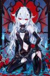  1girl artist_name bangs bare_shoulders black_legwear blood breasts commentary demon_tail demon_wings hair_between_eyes high_heels highres kneeling long_hair navel original parted_lips pointy_ears red_eyes sheya signature silver_hair sleeveless small_breasts solo stomach tail thigh-highs thighs wings 