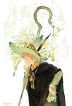  1boy closed_mouth feathers flower from_side green_headwear hat hat_feather holding holding_staff instrument jewelry lingcod_dayu long_sleeves male_focus necklace orange_hair original pants pointy_ears profile signature solo staff tassel tunic white_flower witch_hat 