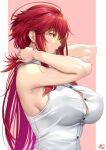  1girl adjusting_hair armpits bare_shoulders breasts character_request copyright_request earrings from_side glasses jewelry large_breasts long_hair okitakung parted_lips profile red_eyes redhead shirt sideboob sleeveless sleeveless_shirt solo upper_body 