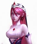  1girl absurdres alisa_nilsen artist_name bare_shoulders breasts closed_mouth genshin_impact highres large_breasts looking_at_viewer red_eyes redhead rosaria_(genshin_impact) short_hair simple_background solo upper_body veil white_background 