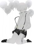  ambiguous_gender balloon black_legwear black_shorts closed_eyes clothes_lift cross-laced_clothes greyscale highres monochrome mouth_hold navel original shirt shirt_lift shorts simple_background socks solo suspenders tembin_3 white_background white_shirt 