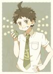  1boy ahoge bandaid breast_pocket brown_hair collared_shirt commentary_request dangan_ronpa_(series) dangan_ronpa_2:_goodbye_despair eating food food_on_face food_request green_neckwear grey_background hand_on_hip hinata_hajime holding holding_food looking_at_viewer male_focus mikuni_(open-ranka) necktie pocket shirt short_sleeves smile solo upper_body white_shirt 