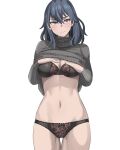  1girl blue_hair blush bra byleth_(fire_emblem) byleth_eisner_(female) clothes_lift fire_emblem fire_emblem:_three_houses fire_emblem_heroes highres jourd4n lingerie looking_at_viewer panties shirt_lift solo sweater sweater_lift underwear 
