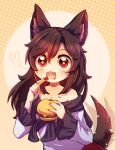  +_+ 1girl absurdres animal_ears arms_up bangs bare_shoulders blouse blush brown_hair burger dress dungeon_toaster eyebrows_visible_through_hair food food_focus frills gem gradient gradient_background hair_between_eyes hands_up heart highres imaizumi_kagerou ketchup long_hair long_sleeves looking_at_viewer multicolored multicolored_background open_mouth orange_background potato red_dress red_eyes smile solo tail touhou white_blouse white_sleeves wolf_ears wolf_tail yellow_background 