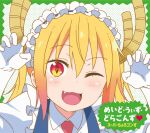  1girl ;d album_cover border cd_(source) cover face fang gao highres kobayashi-san_chi_no_maidragon official_art one_eye_closed open_mouth orange_hair outside_border polka_dot polka_dot_background portrait red_eyes slit_pupils smile solo tohru_(maidragon) 