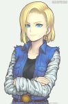  1girl android_18 belt black_shirt blonde_hair blue_eyes crossed_arms denim denim_jacket dragon_ball dragon_ball_z earrings gofelem jeans jewelry looking_at_viewer pants shirt smile striped_sleeves 