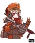  1girl ahoge alternate_costume artist_name backpack bag bangs brown_gloves bulletproof_vest cabbie_hat clover_print commentary english_commentary eyebrows_visible_through_hair genshin_impact gloves grenade_launcher gun hair_between_eyes hat headset highres holding holding_gun holding_weapon introvert-kun klee_(genshin_impact) light_brown_hair long_hair looking_at_viewer low_twintails orange_eyes orange_headwear orange_jumpsuit red_scarf scarf sidelocks simple_background smile solo tactical_clothes trigger_discipline twintails v v-shaped_eyebrows vest weapon white_background 