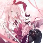  1girl arcaea bangs bare_shoulders black_legwear bow bowtie braid breasts candy cross-laced_clothes cross-laced_legwear detached_collar detached_sleeves dress feet_out_of_frame flower food frilled_sleeves frills grey_eyes hair_ribbon highres holding holding_candy holding_food holding_lollipop kou_(arcaea) lollipop long_hair looking_at_viewer miyu_(miy_u1308) open_mouth pantyhose pink_hair pink_ribbon pleated_skirt purple_bow purple_dress purple_neckwear purple_skirt red_ribbon ribbon sitting skirt sleeves_past_fingers sleeves_past_wrists small_breasts solo strapless strapless_dress stuffed_animal stuffed_toy teddy_bear very_long_hair white_flower white_ribbon 