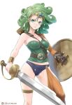  1girl asymmetrical_clothes asymmetrical_sleeves belt_buckle between_breasts bracer breasts brown_gloves buckle circlet closed_mouth collarbone commentary_request crimson_(cxrss377) curly_hair dragon_quest dragon_quest_iv feet_out_of_frame gloves green_eyes green_hair green_leotard heroine_(dq4) highres holding holding_shield holding_sword holding_weapon leotard long_sleeves looking_at_viewer medium_hair midriff_peek orange_legwear orange_sleeves serious sheath shield single_bare_shoulder single_glove single_sleeve single_thighhigh solo standing strap_between_breasts strapless strapless_leotard sword thigh-highs thigh_strap twitter_username weapon 