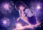  1girl eyebrows_visible_through_hair fireworks hand_on_own_face long_hair open_mouth skirt sparkler sparkling_eyes squatting 