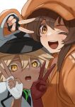  2girls :d bangs black_gloves blonde_hair brown_eyes brown_hair dark_skin double_v fingerless_gloves flasso gloves guilty_gear guilty_gear_strive hair_between_eyes hat highres may_(guilty_gear) multiple_girls one_eye_closed open_mouth orange_headwear orange_shirt ramlethal_valentine sharp_teeth shirt slit_pupils smile teeth v white_gloves yellow_eyes 