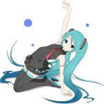  1girl aqua_eyes aqua_hair arm_support arm_up bare_shoulders belt black_shirt black_skirt blue_hair blush boots commentary gradient_hair hair_ornament hatsune_miku kneeling leaning_back long_hair looking_at_viewer mikumikudance miniskirt multicolored_hair outstretched_arm pleated_skirt shadow shirt shoulder_tattoo skirt sleeveless sleeveless_shirt smile solo soukun_s tattoo thigh-highs thigh_boots twintails very_long_hair vocaloid vocaloid_(lat-type_ver) white_background zettai_ryouiki 