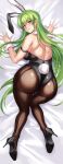  1girl all_fours animal_ears black_footwear black_legwear black_leotard breasts bunny_tail c.c. code_geass dakimakura_(medium) detached_collar fake_animal_ears fake_tail fishnet_legwear fishnets green_hair high_heels highres hikari_(komitiookami) leotard long_hair medium_breasts pantyhose playboy_bunny rabbit_ears solo strapless strapless_leotard tail wrist_cuffs yellow_eyes 