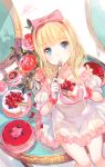  blonde_hair blue_eyes cake character_request food fruit fuzichoco highres mirror strawberry 