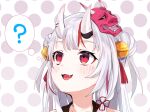  1girl ? bell blush commentary double_bun face fang flower_knot hair_bell hair_ornament highres hololive horns kounaien_(comic1217) long_hair looking_up mask mask_on_head multicolored_hair nakiri_ayame oni_horns oni_mask open_mouth polka_dot polka_dot_background red_eyes redhead silver_hair simple_background smile solo streaked_hair tassel thought_bubble two-tone_hair virtual_youtuber white_background 