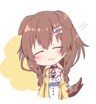  1girl :3 animal_collar animal_ears bangs blush bone_hair_ornament braid brown_eyes brown_hair chibi closed_eyes closed_mouth collar dog_ears dog_girl dog_tail dress extra_ears hair_between_eyes hair_ornament hairclip hololive inugami_korone jacket long_hair low_twin_braids off_shoulder rabiiandrain red_collar smile solo tail twin_braids twintails virtual_youtuber white_dress yellow_jacket 