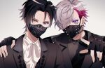  2boys argonavis_from_bang_dream! bang_dream! black_hair black_jacket choker collar eyeshadow fingerless_gloves gloves grey_hair hair_over_one_eye hand_on_another&#039;s_shoulder heterochromia highres jacket kurokawa_tomoru makeup male_focus mask mouth_mask mugen25 multicolored_hair multiple_boys o-ring redhead spiked_collar spikes suzaki_jun upper_body violet_eyes yellow_eyes 