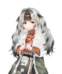  1girl 414_(hncx3355) arknights black_hair commission highres jacket korean_commentary long_hair looking_at_viewer multicolored_hair open_mouth orange_shirt red_eyes shirt simple_background snowsant_(arknights) solo sweatdrop upper_body white_background white_hair white_jacket 