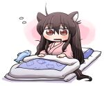  1girl alternate_costume animal_ears bangs bed_sheet black_hair fish imaizumi_kagerou long_hair long_sleeves messy_hair on_bed open_mouth pajamas pillow rokugou_daisuke saliva saliva_trail signature sitting solo touhou very_long_hair waking_up wolf_ears 