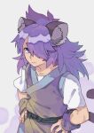 1boy animal_ears blue_eyes fengxi_(the_legend_of_luoxiaohei) hair_over_one_eye hands_on_hips highres long_hair looking_at_viewer purple_hair rkp short_sleeves solo tail the_legend_of_luo_xiaohei upper_body younger 