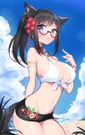  1girl animal_ears animal_tail bikini black_hair blue_eyes cleavage eyebrows_visible_through_hair fang final_fantasy final_fantasy_xiv glasses ichi-jirushi glasses miqo&#039;te open_mouth ponytail swimsuit tail 