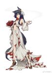  1girl alternate_costume animal_ears arknights ben_yuan_dan_da black_hair bouquet cigarette collar colored_inner_hair detached_collar dress flower full_body gold_footwear hair_ornament high_heels highres holding holding_bouquet holding_cigarette long_hair looking_at_viewer midriff multicolored_hair navel red_flower redhead simple_background smoke solo standing tail texas_(arknights) weibo_username white_background white_collar white_dress wolf_ears wolf_girl wolf_tail yellow_eyes 