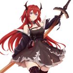  arknights bag demon_girl demon_horns dress highres holding holding_weapon horns jacket kneehighs long_hair looking_at_viewer redhead ribbon surtr_(arknights) sword very_long_hair violet_eyes weapon yutama 