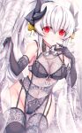  1girl black_bra black_gloves black_legwear black_panties bra breasts covered_navel dragon_girl dragon_horns elbow_gloves fate/grand_order fate_(series) garter_belt gloves grey_hair highres horns kiyohime_(fate) large_breasts morizono_shiki multiple_horns panties ponytail red_eyes solo thigh-highs underwear underwear_only 