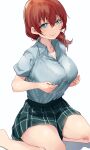  1girl absurdres bangs blush breasts closed_mouth collared_shirt emma_verde eyebrows_visible_through_hair green_eyes green_shirt green_skirt highres kneeling large_breasts long_hair looking_at_viewer love_live! love_live!_nijigasaki_high_school_idol_club miniskirt plaid plaid_skirt redhead shirt shirt_tucked_in short_sleeves simple_background skirt smile solo thighs white_background yamasonson 