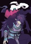  1boy black_background black_pants darkrai fengxi_(the_legend_of_luoxiaohei) gen_4_pokemon hair_over_one_eye long_hair long_sleeves mythical_pokemon pants pointy_ears pokemon pokemon_(creature) purple_hair rkp simple_background sleeves_past_wrists the_legend_of_luo_xiaohei violet_eyes 