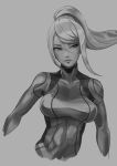  1girl bangs bodysuit breasts closed_mouth commentary cropped_arms cropped_torso fuugetsu_(sanmunyudai) grey_background greyscale hair_between_eyes highres lips long_hair looking_to_the_side metroid monochrome ponytail samus_aran sidelocks sideways_glance simple_background skin_tight solo upper_body zero_suit 