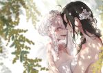  2girls bride eyebrows_visible_through_hair flower flower_on_head gown looking_at_another no_bra open_mouth shuu-0208 symmetrical_docking teeth yuri 
