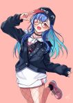  1girl absurdres bangs baseball_cap black_headwear black_jacket blue_hair blue_nails eyebrows_visible_through_hair fang fanny_pack fishnets glasses guri_(gri1211) hat highres hood hoodie jacket leg_up long_hair nail_polish nijisanji nishizono_chigusa one_eye_closed open_mouth pink_background pink_footwear round_eyewear shoes skin_fang sleeves_past_wrists smile sneakers solo v violet_eyes virtual_youtuber white_hoodie 