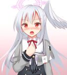 1girl blue_archive blush breasts commentary_request folded hair_between_eyes hair_ornament halo id_card looking_at_viewer red_eyes school_uniform silver_hair simple_background small_breasts solo suzumi_(blue_archive) tokyo_yamane translation_request