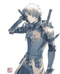  1boy arm_up armor bangs black_pants character_request commentary_request copyright_request cowboy_shot expressionless highres monochrome pants short_hair simple_background solo sword sword_behind_back triple_bambi upper_body weapon white_background 
