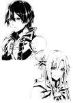  1boy 1girl armor asuna_(sao) cloak closed_mouth eyebrows_visible_through_hair eyes_visible_through_hair greyscale hair_between_eyes highres hood hood_down hooded_cloak kirito long_hair monochrome mugetsu2501 pauldrons shoulder_armor simple_background sketch smile sword_art_online upper_body white_background 