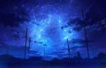  absurdres black_cloud blue_theme brick_wall clouds commentary_request galaxy highres house mountainous_horizon no_humans original scenery school_gateway sky skyrick9413 space star_(sky) starry_sky tree utility_pole window 