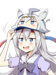  1girl ahoge blue_eyes blush_stickers fang horseshoe hoxutixu jitome oguri_cap_(umamusume) price_tag pun short_sleeves silver_hair solo sweatdrop tamamo_cross_(umamusume) too_literal umamusume upper_body 